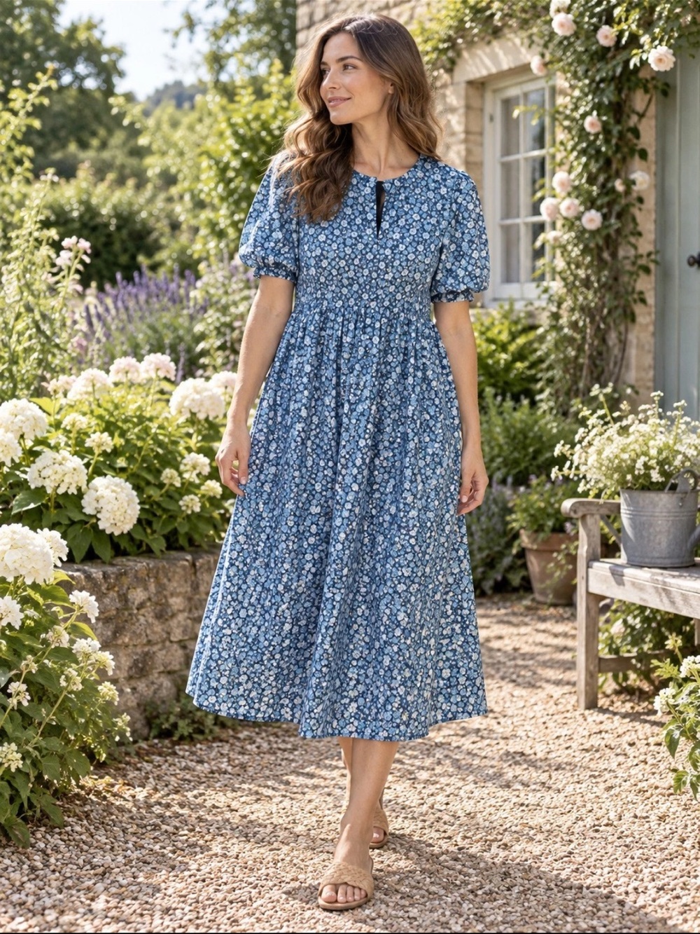 Hyacinth House by Tuckernuck Floral Blue Midi Dress Puffed Sleeves Women Medium